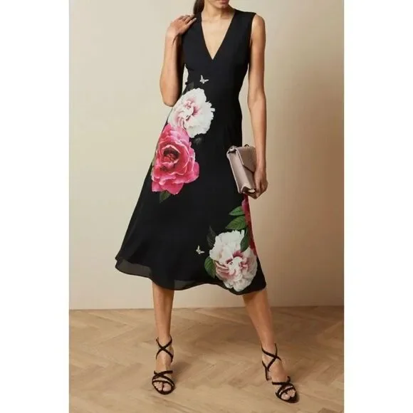 ted baker pink and black dress Ted Baker Dress Size 3 US Sz 8 Black Pink Vivace Lace Shoulder Detail NWT